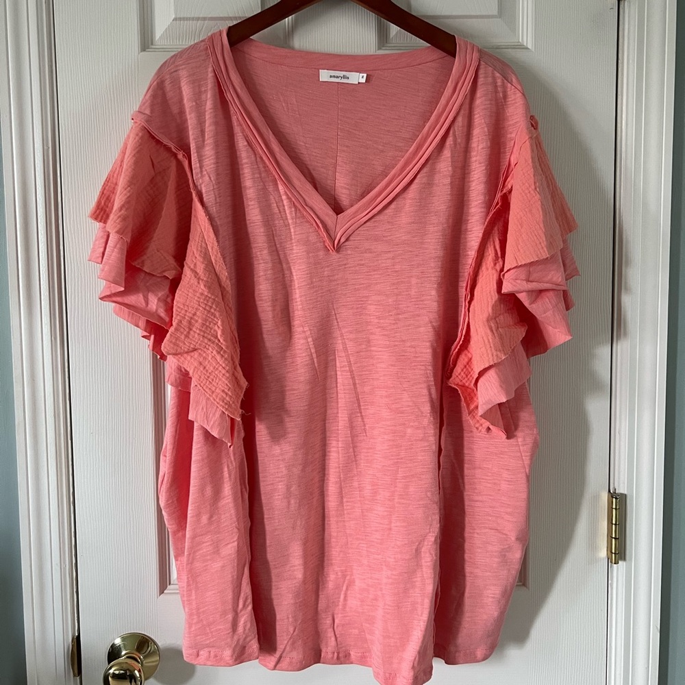 Drop shoulder tiered ruffle top. Peach. 3x.